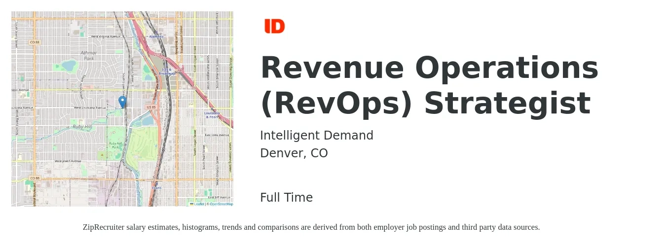 Intelligent Demand job posting for a Revenue Operations (RevOps) Strategist in Denver, CO with a salary of $125,200 to $161,800 Yearly with a map of Denver location.