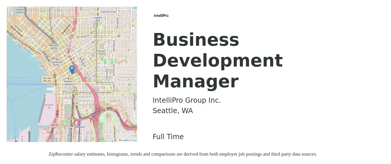 IntelliPro Group Inc. job posting for a Business Development Manager in Seattle, WA with a salary of $150 Hourly with a map of Seattle location.