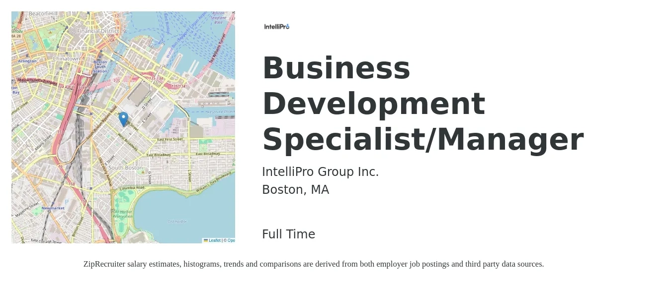 IntelliPro Group Inc. job posting for a Business Development Specialist/Manager in Boston, MA with a salary of $66,300 to $108,600 Yearly with a map of Boston location.