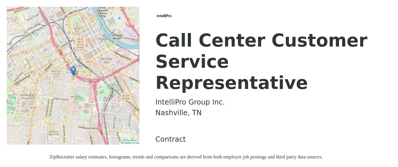 IntelliPro Group Inc. job posting for a Call Center Customer Service Representative in Nashville, TN with a salary of $15 to $17 Hourly with a map of Nashville location.