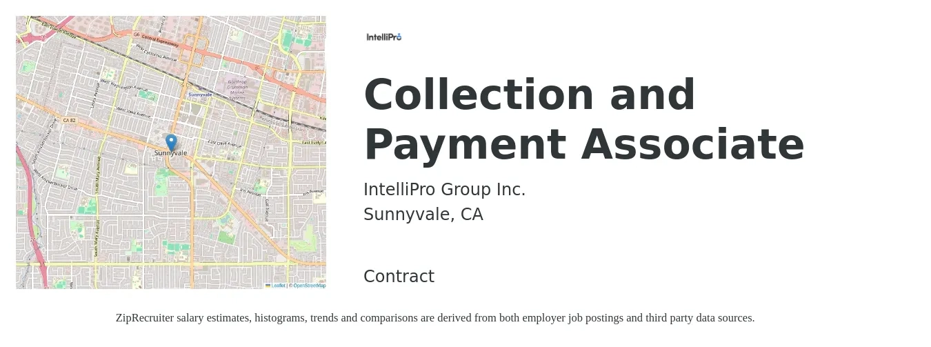 IntelliPro Group Inc. job posting for a Collection and Payment Associate in Sunnyvale, CA with a salary of $25 to $28 Hourly with a map of Sunnyvale location.