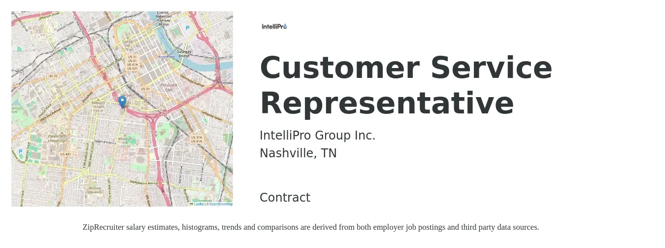 IntelliPro Group Inc. job posting for a Customer Service Representative in Nashville, TN with a salary of $16 Hourly with a map of Nashville location.