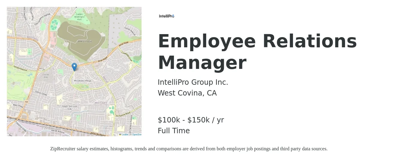 IntelliPro Group Inc. job posting for a Employee Relations Manager in West Covina, CA with a salary of $100,000 to $150,000 Yearly with a map of West Covina location.