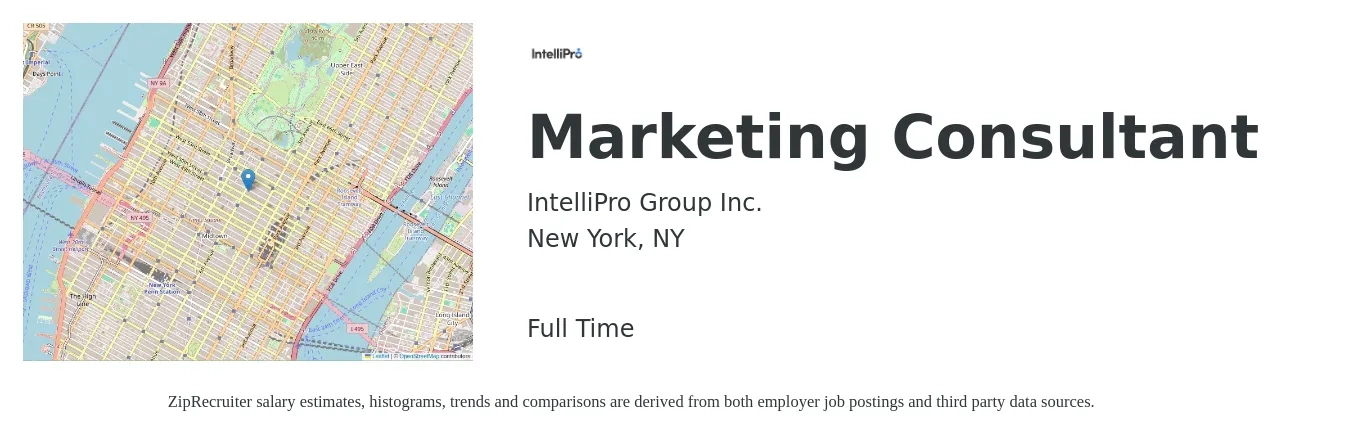 IntelliPro Group Inc. job posting for a Marketing Consultant in New York, NY with a salary of $50,000 Yearly with a map of New York location.