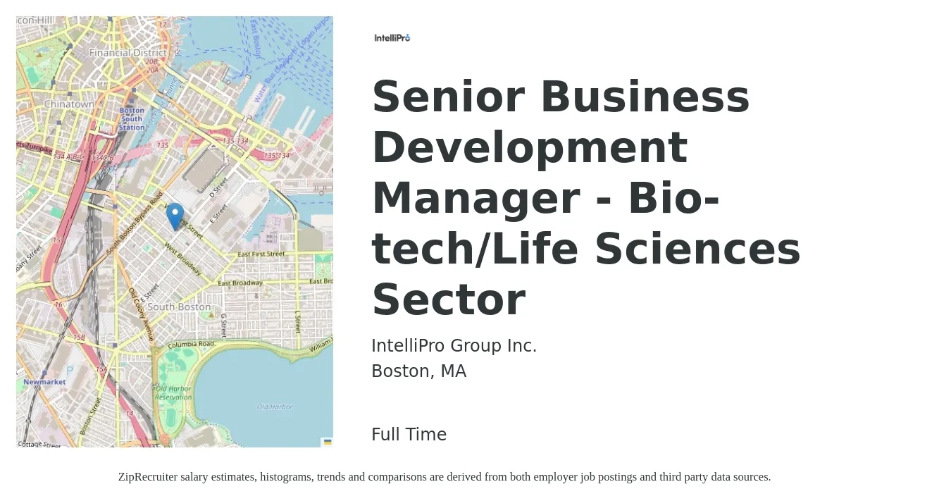 IntelliPro Group Inc. job posting for a Senior Business Development Manager - Bio-tech/Life Sciences Sector in Boston, MA with a salary of $150 Hourly with a map of Boston location.