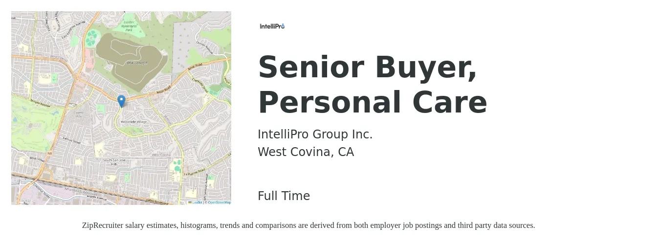 IntelliPro Group Inc. job posting for a Senior Buyer, Personal Care in West Covina, CA with a salary of $56,400 to $81,100 Yearly with a map of West Covina location.