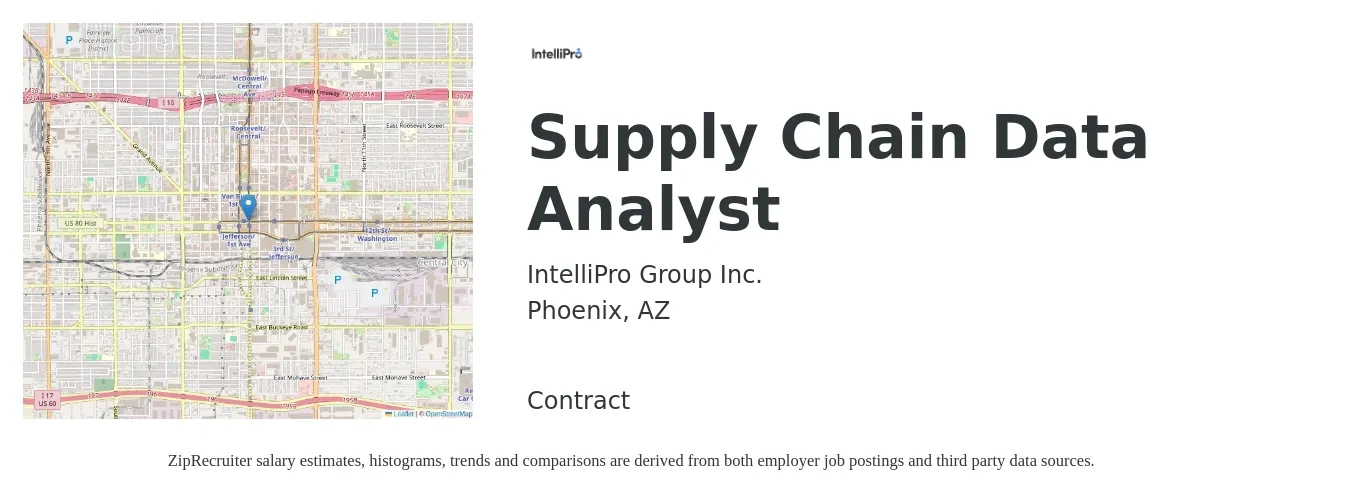 IntelliPro Group Inc. job posting for a Supply Chain Data Analyst in Phoenix, AZ with a salary of $25 to $35 Hourly with a map of Phoenix location.