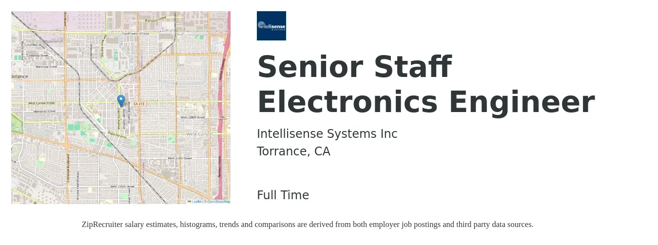 Intellisense Systems Inc job posting for a Senior Staff Electronics Engineer in Torrance, CA with a salary of $130,000 to $175,000 Yearly with a map of Torrance location.