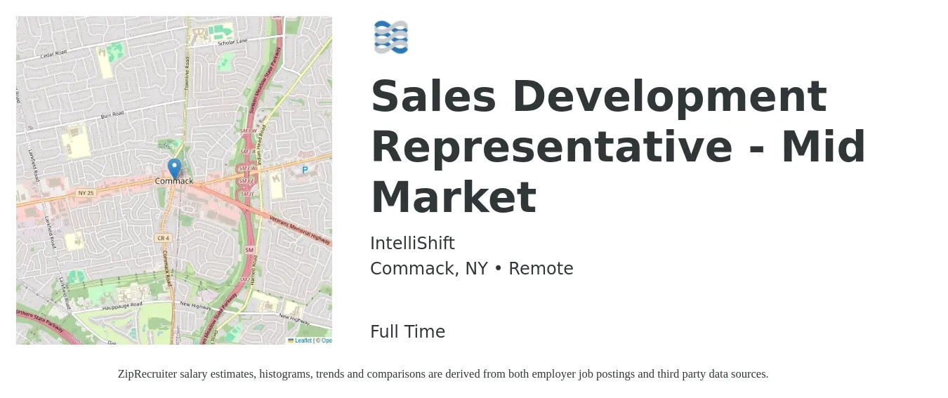 IntelliShift job posting for a Sales Development Representative - Mid Market in Commack, NY with a salary of $25,000 Monthly with a map of Commack location.