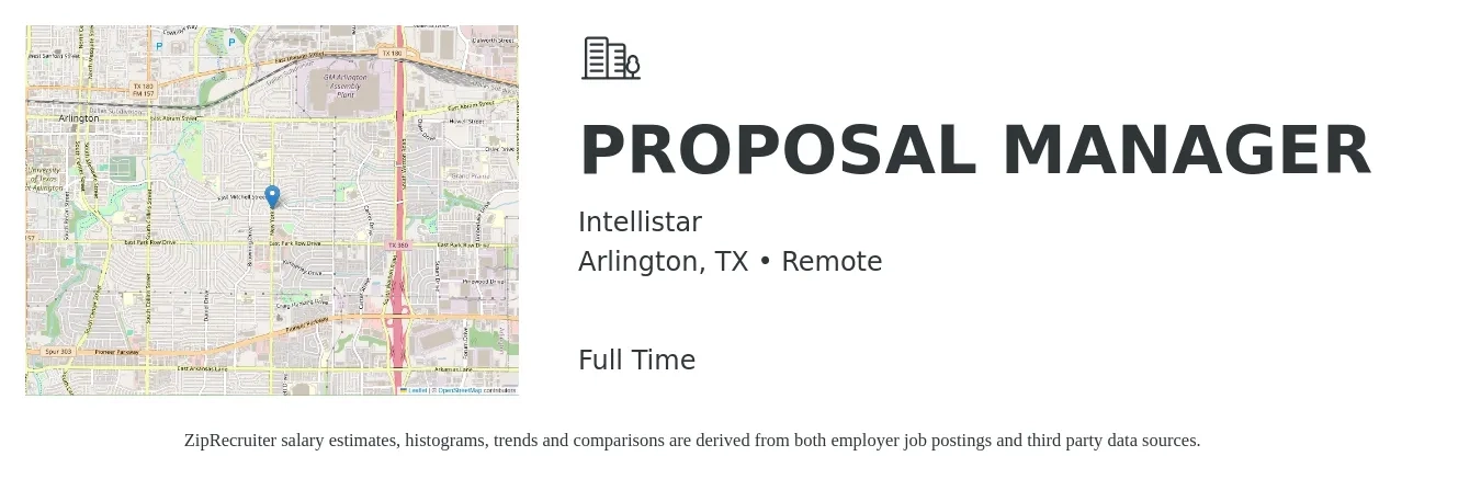 Intellistar job posting for a PROPOSAL MANAGER in Arlington, TX with a salary of $74,100 to $108,500 Yearly with a map of Arlington location.