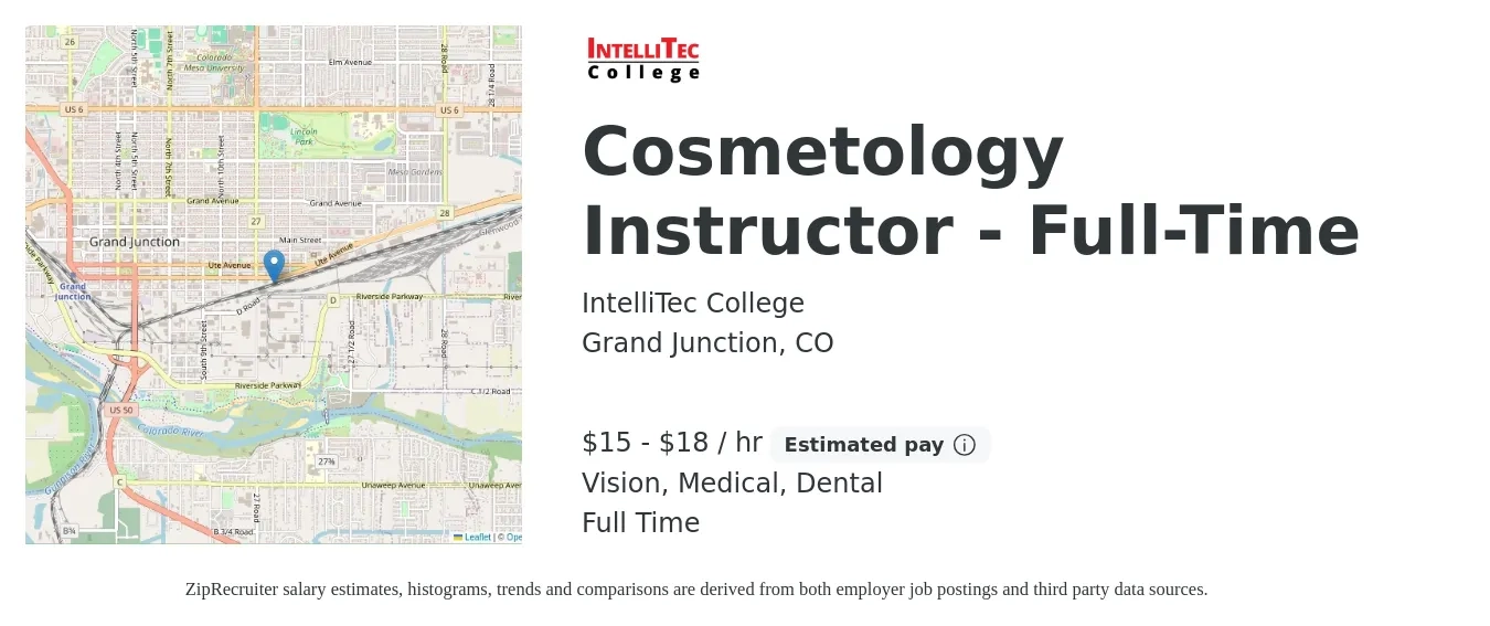 IntelliTec College job posting for a Cosmetology Instructor - Full-Time in Grand Junction, CO with a salary of $16 to $19 Hourly and benefits including vision, dental, life_insurance, medical, and retirement with a map of Grand Junction location.