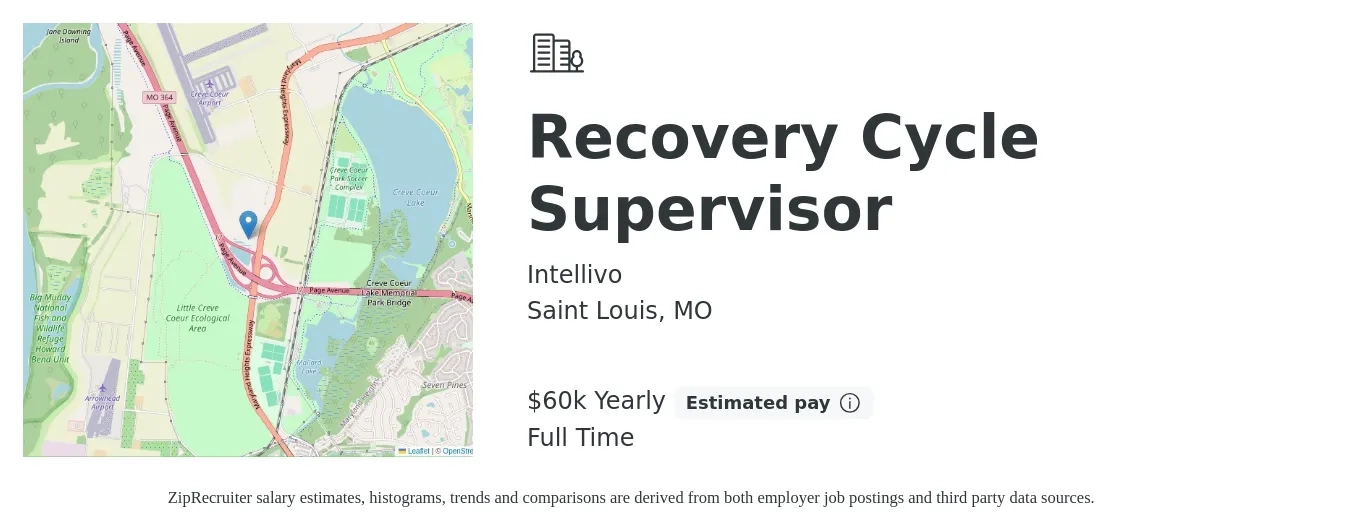 Intellivo job posting for a Recovery Cycle Supervisor in Saint Louis, MO with a salary of $60,000 Yearly with a map of Saint Louis location.