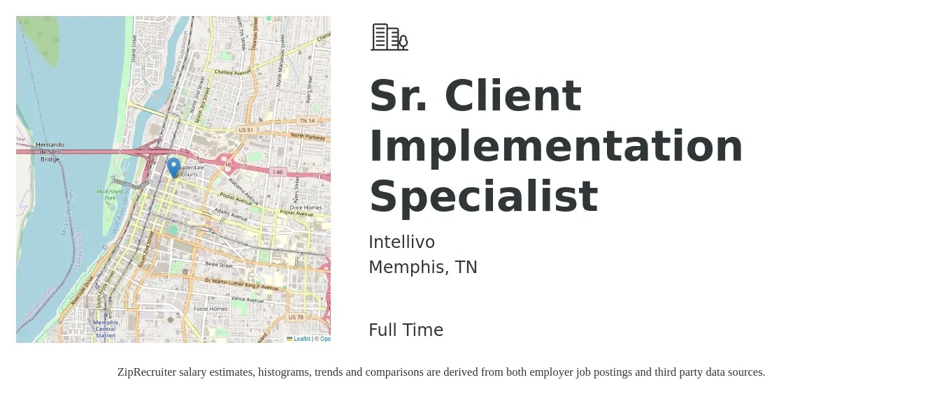 Intellivo job posting for a Sr. Client Implementation Specialist in Memphis, TN with a salary of $90,000 Yearly with a map of Memphis location.