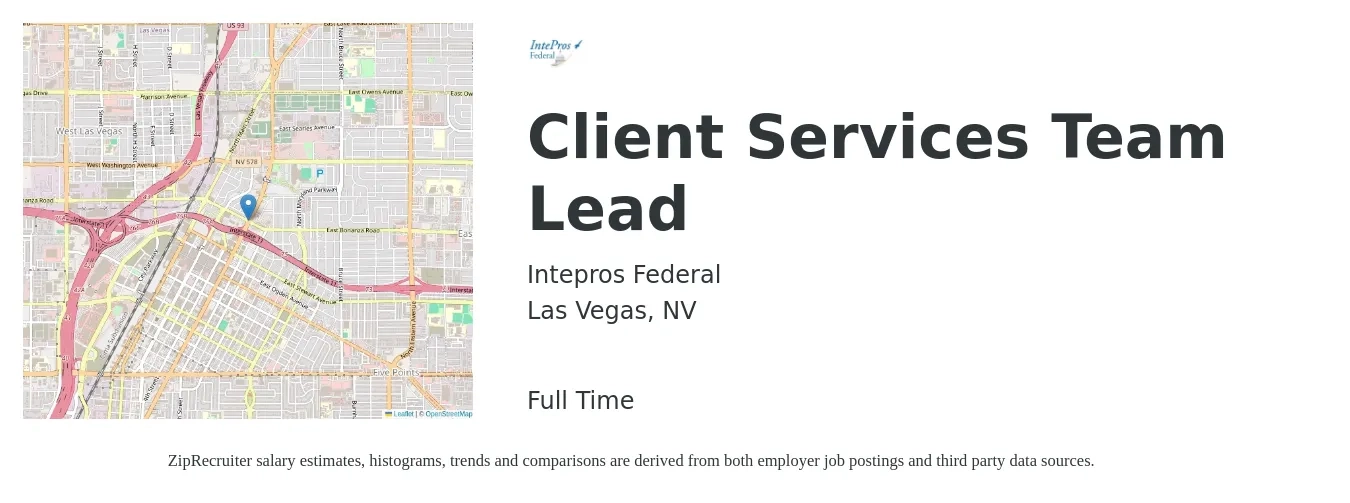 Intepros Federal job posting for a Client Services Team Lead in Las Vegas, NV with a salary of $19 to $41 Hourly with a map of Las Vegas location.