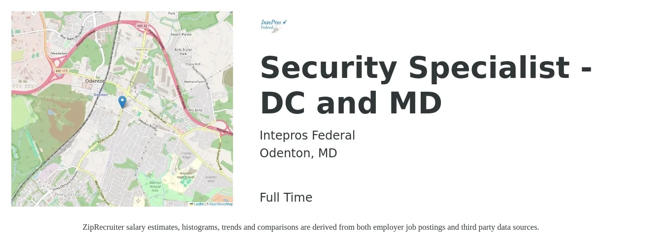 Intepros Federal job posting for a Security Specialist - DC and MD in Odenton, MD with a salary of $78,700 to $131,000 Yearly with a map of Odenton location.