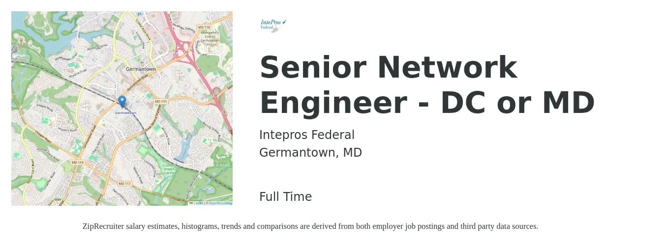 Intepros Federal job posting for a Senior Network Engineer - DC or MD in Germantown, MD with a salary of $105,100 to $144,000 Yearly with a map of Germantown location.