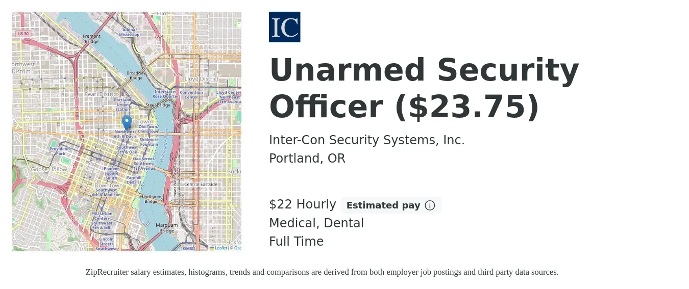 Inter-Con Security Systems, Inc. job posting for a Unarmed Security Officer ($23.75) in Portland, OR with a salary of $23 to $24 Hourly and benefits including dental, medical, and pto with a map of Portland location.
