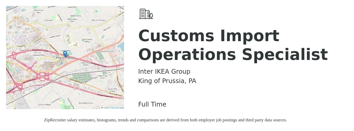 Inter IKEA Group job posting for a Customs Import Operations Specialist in King of Prussia, PA with a salary of $46,300 to $56,700 Yearly with a map of King of Prussia location.