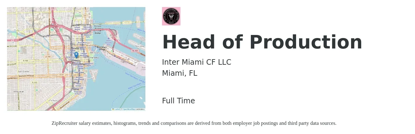Inter Miami CF job posting for a Head of Production in Miami, FL with a salary of $53,600 to $77,000 Yearly with a map of Miami location.
