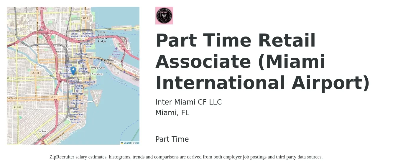 Inter Miami CF LLC job posting for a Part Time Retail Associate (Miami International Airport) in Miami, FL with a salary of $14 to $16 Hourly with a map of Miami location.