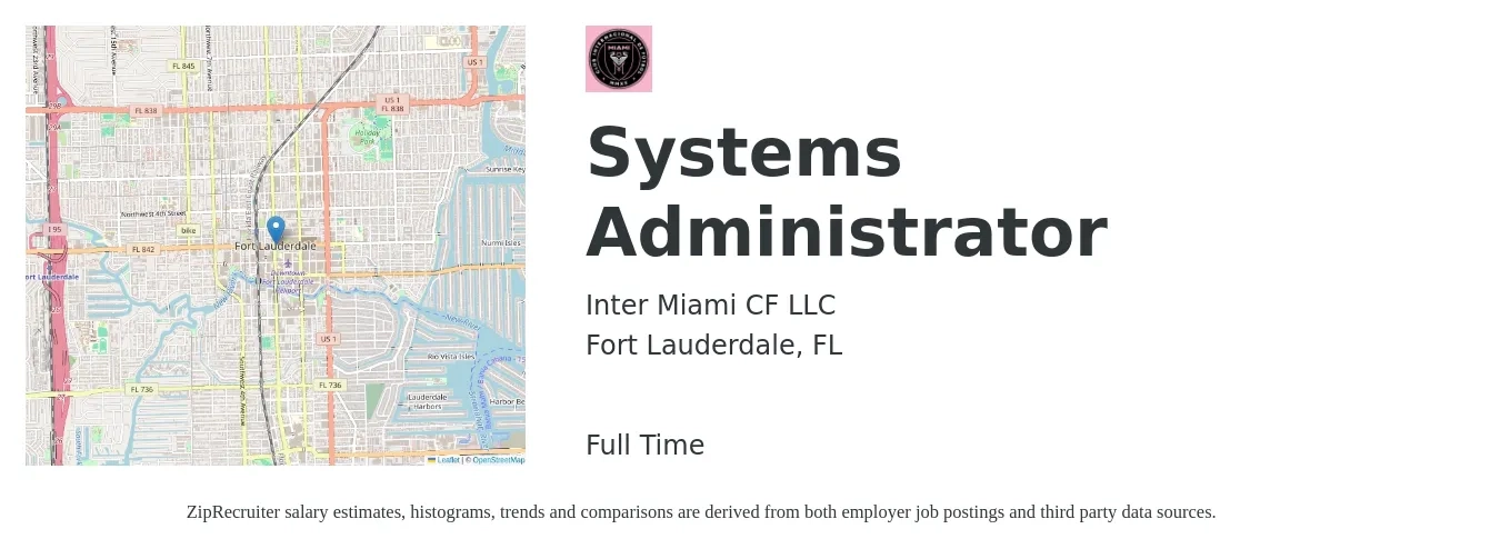 Inter Miami CF job posting for a Systems Administrator in Fort Lauderdale, FL with a salary of $66,700 to $99,100 Yearly with a map of Fort Lauderdale location.