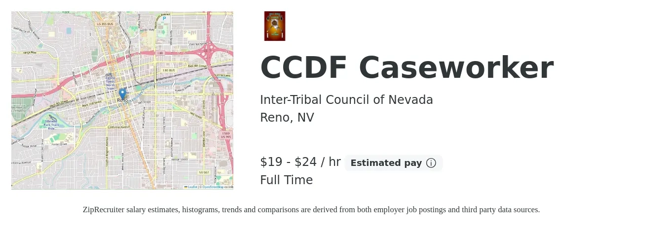 Inter-Tribal Council of Nevada job posting for a CCDF Caseworker in Reno, NV with a salary of $21 to $26 Hourly with a map of Reno location.