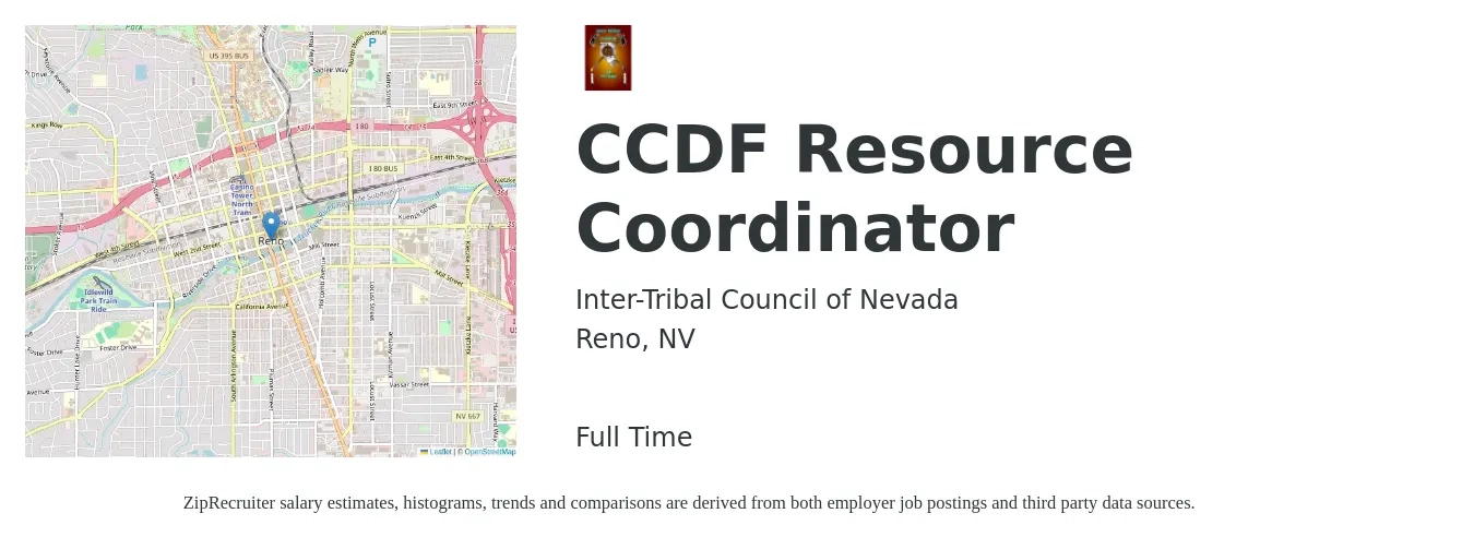 Inter-Tribal Council of Nevada job posting for a CCDF Resource Coordinator in Reno, NV with a salary of $24 to $26 Hourly with a map of Reno location.
