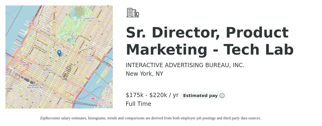 INTERACTIVE ADVERTISING BUREAU, INC. job posting for a Sr. Director, Product Marketing - Tech Lab in New York, NY with a salary of $175,675 to $220,000 Yearly with a map of New York location.