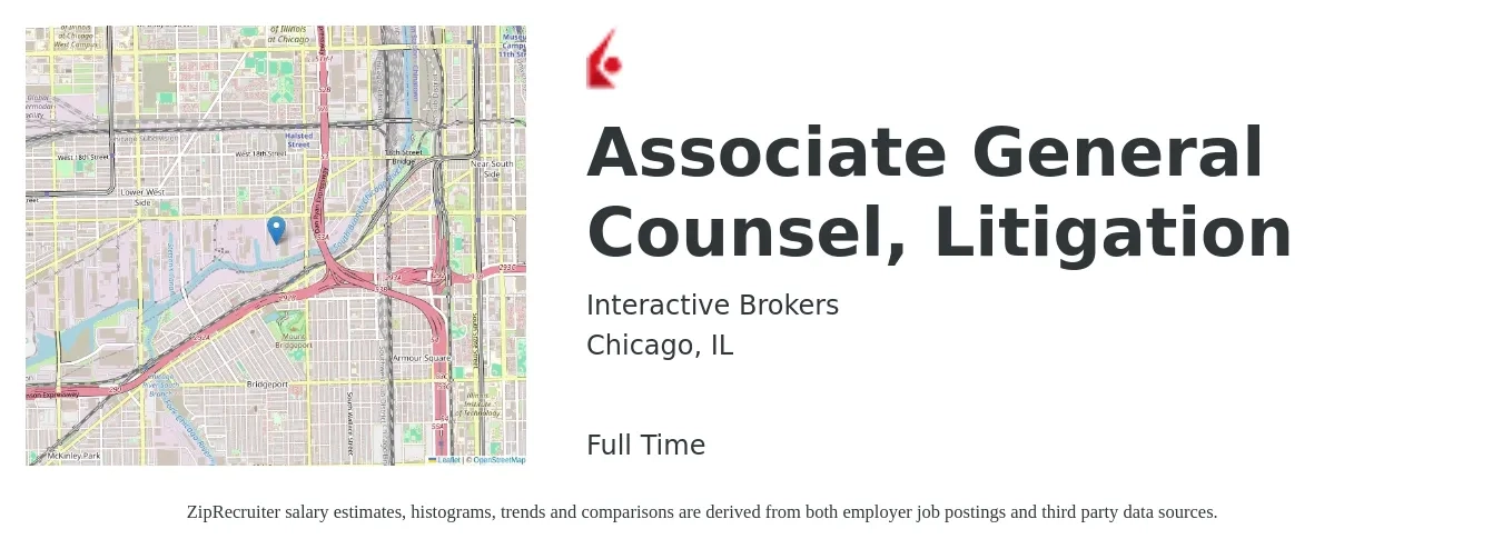 Interactive Brokers job posting for a Associate General Counsel, Litigation in Chicago, IL with a salary of $110,700 to $195,700 Yearly with a map of Chicago location.