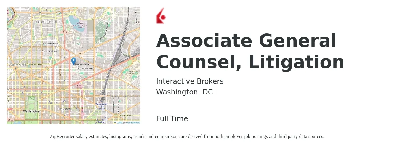 Interactive Brokers job posting for a Associate General Counsel, Litigation in Washington, DC with a salary of $121,800 to $215,200 Yearly with a map of Washington location.