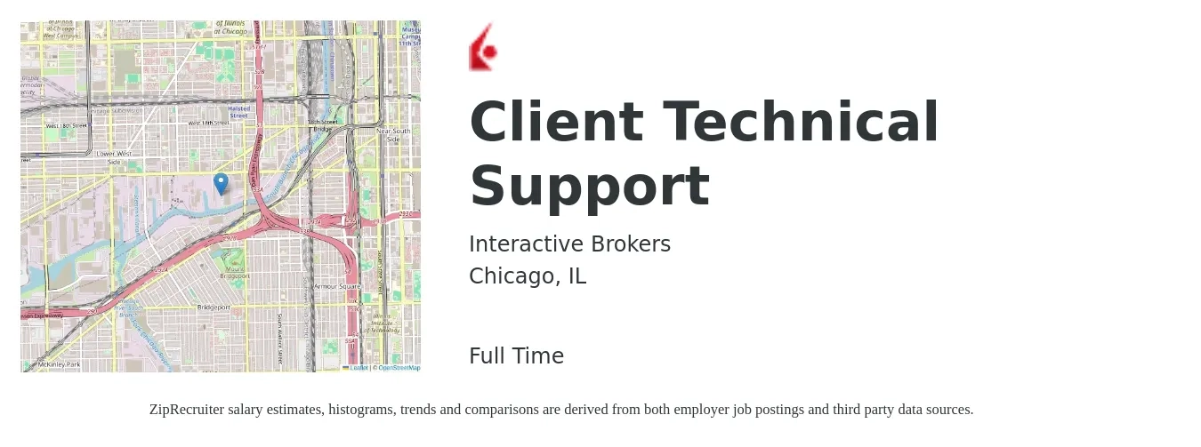 Interactive Brokers job posting for a Client Technical Support in Chicago, IL with a salary of $20 to $30 Hourly with a map of Chicago location.