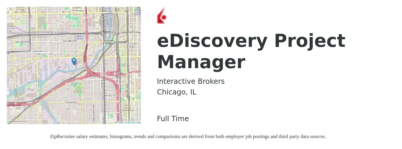 Interactive Brokers job posting for a eDiscovery Project Manager in Chicago, IL with a salary of $93,200 to $133,400 Yearly with a map of Chicago location.