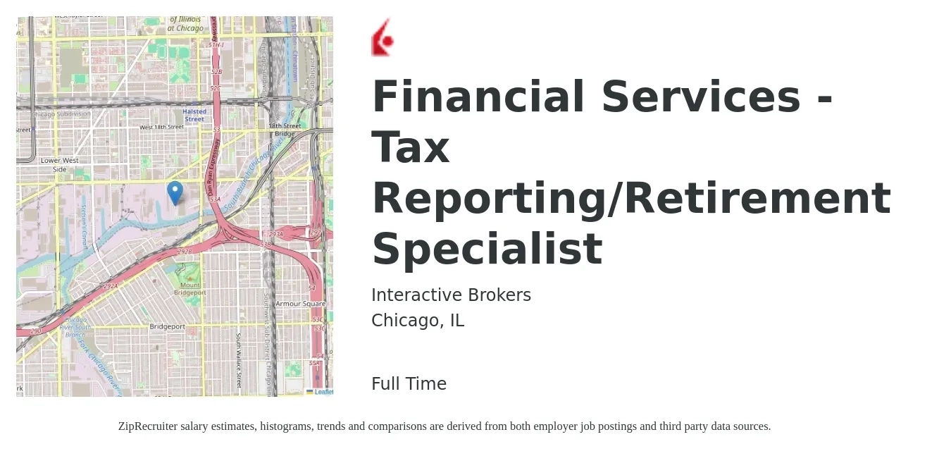 Interactive Brokers job posting for a Financial Services - Tax Reporting/Retirement Specialist in Chicago, IL with a salary of $61,800 to $102,000 Yearly with a map of Chicago location.