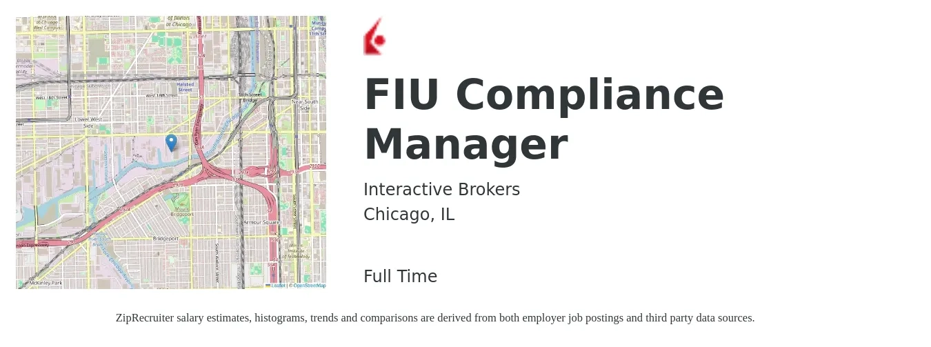 Interactive Brokers job posting for a FIU Compliance Manager in Chicago, IL with a salary of $72,100 to $120,000 Yearly with a map of Chicago location.
