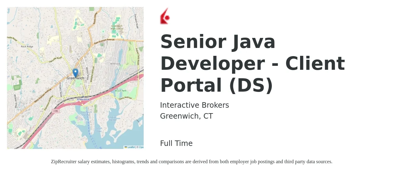 Interactive Brokers job posting for a Senior Java Developer - Client Portal (DS) in Greenwich, CT with a salary of $64 to $82 Hourly with a map of Greenwich location.