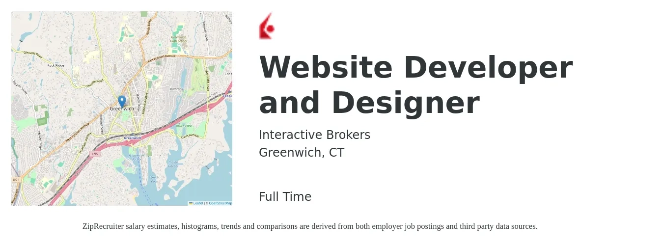 Interactive Brokers job posting for a Website Developer and Designer in Greenwich, CT with a salary of $54,500 to $74,700 Yearly with a map of Greenwich location.