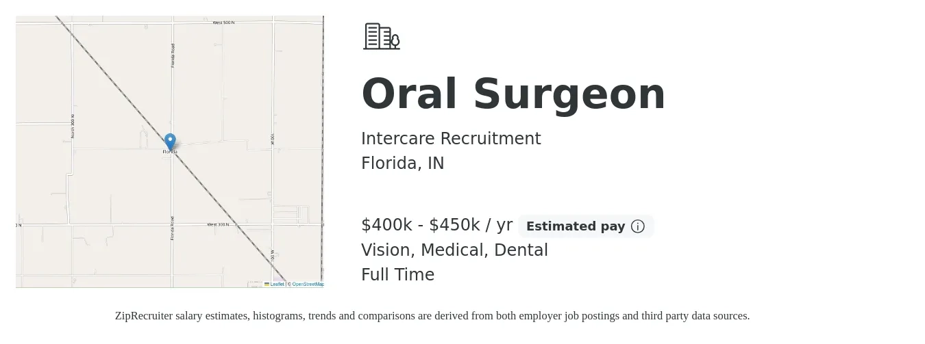 Intercare Recruitment job posting for a Oral Surgeon in Florida, IN with a salary of $400,000 to $450,000 Yearly (plus commission) and benefits including medical, pto, retirement, vision, dental, and life_insurance with a map of Florida location.