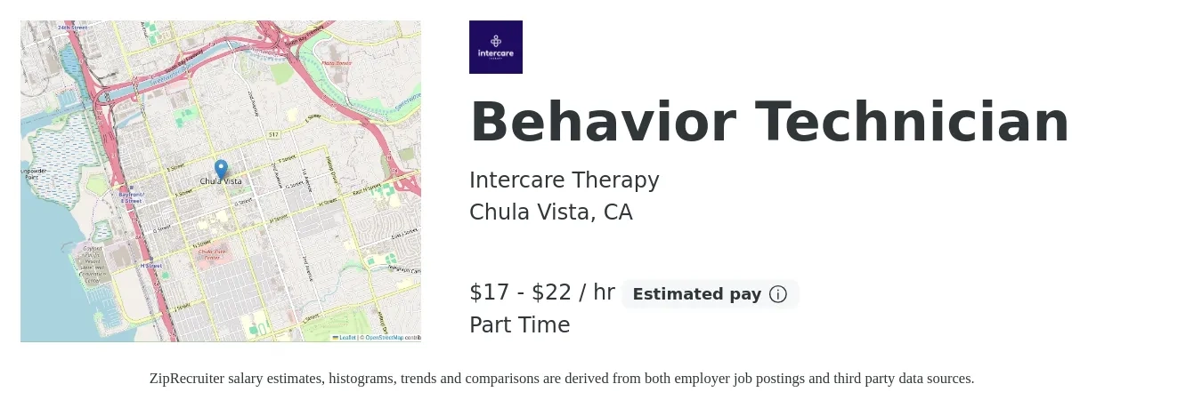 Intercare Therapy job posting for a Behavior Technician in Chula Vista, CA with a salary of $18 to $23 Hourly with a map of Chula Vista location.