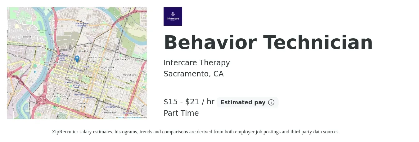 Intercare Therapy job posting for a Behavior Technician in Sacramento, CA with a salary of $16 to $22 Hourly with a map of Sacramento location.