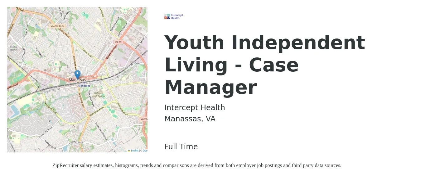 Intercept Health job posting for a Youth Independent Living - Case Manager in Manassas, VA with a salary of $20 to $26 Hourly with a map of Manassas location.