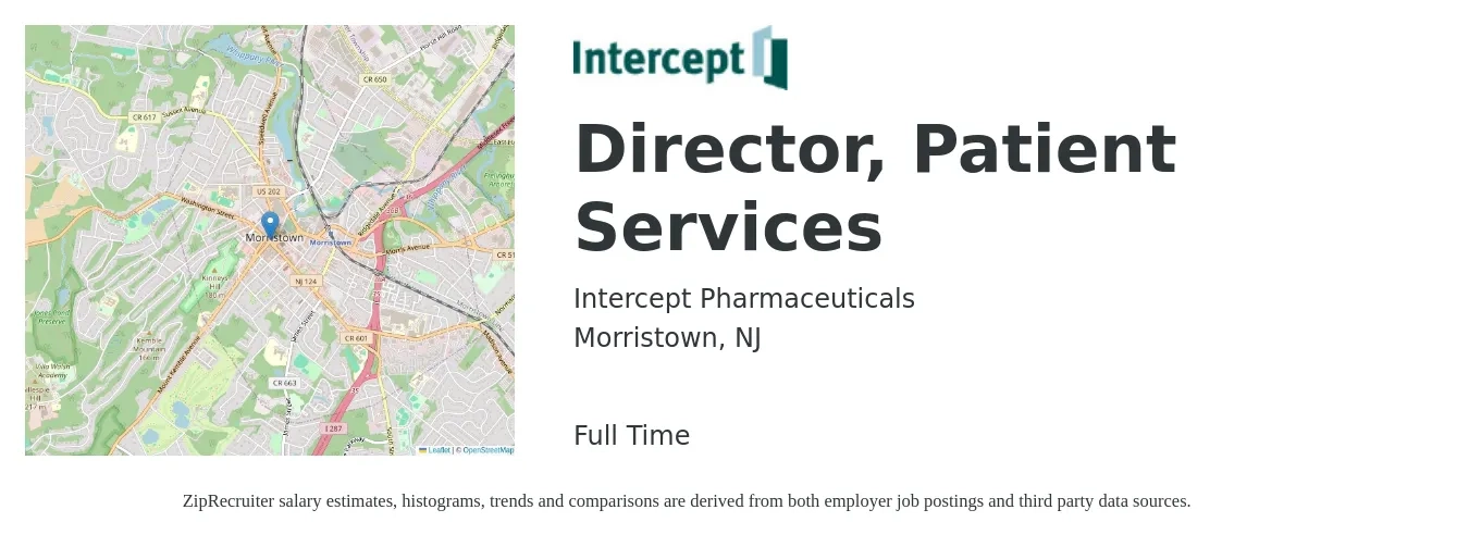 Intercept Pharmaceuticals job posting for a Director, Patient Services in Morristown, NJ with a salary of $102,900 to $150,200 Yearly with a map of Morristown location.