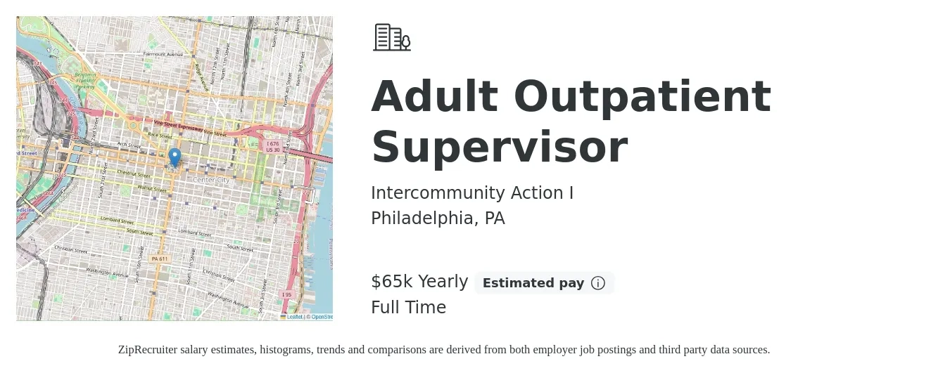 Intercommunity Action I job posting for a Adult Outpatient Supervisor in Philadelphia, PA with a salary of $65,000 Yearly with a map of Philadelphia location.