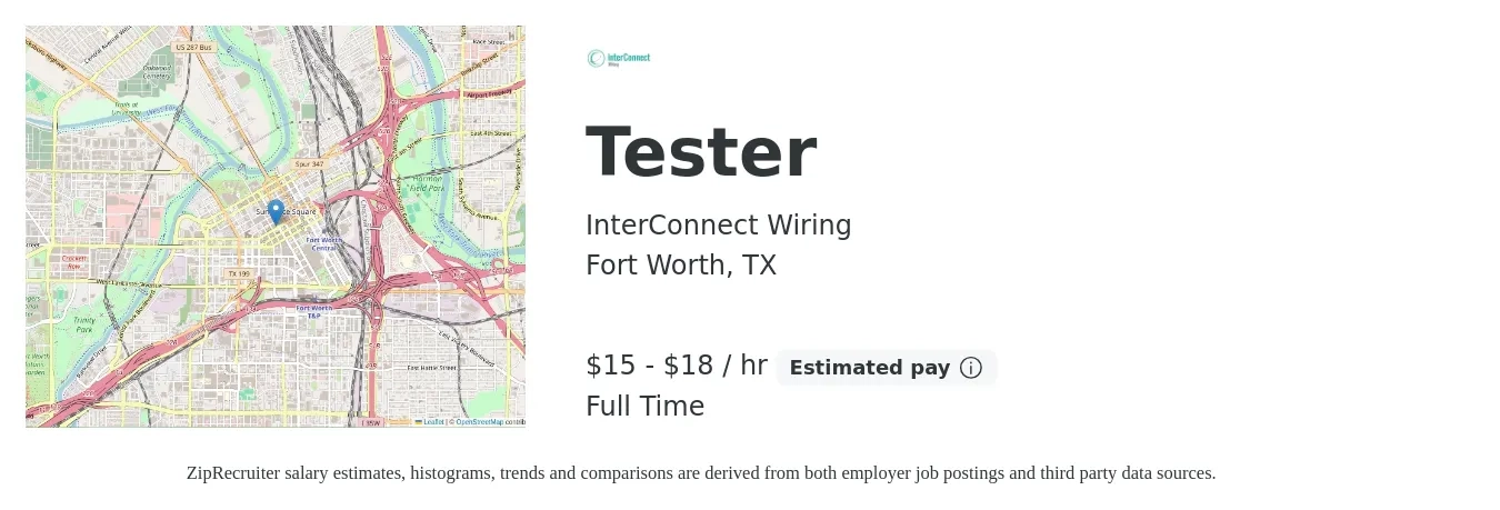 InterConnect Wiring job posting for a Tester in Fort Worth, TX with a salary of $16 to $19 Hourly with a map of Fort Worth location.