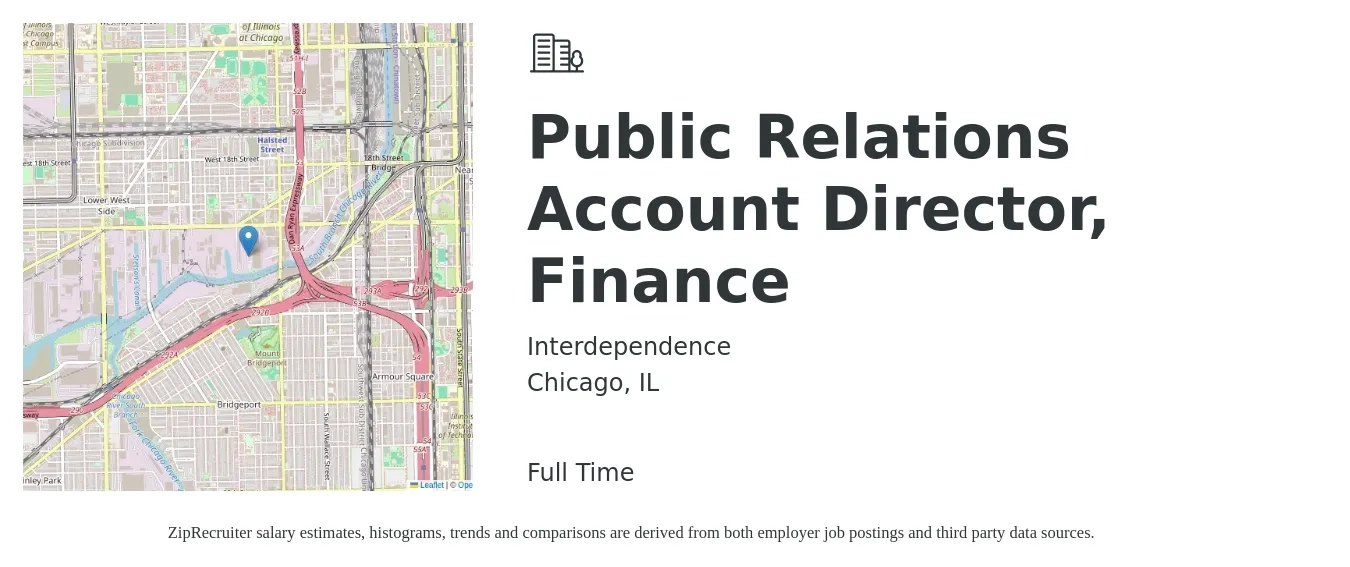 Interdependence job posting for a Public Relations Account Director, Finance in Chicago, IL with a salary of $79,900 to $99,000 Yearly with a map of Chicago location.