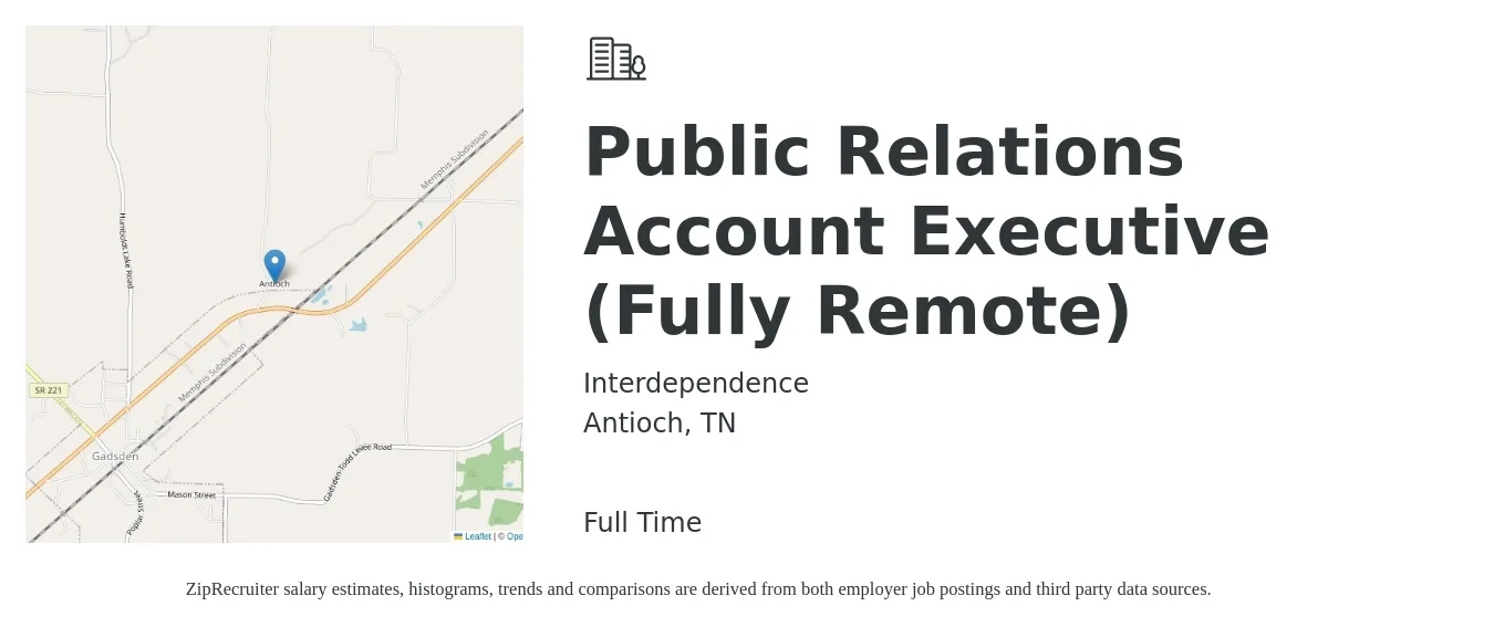 Interdependence job posting for a Public Relations Account Executive (Fully Remote) in Antioch, TN with a salary of $56,300 to $78,900 Yearly with a map of Antioch location.