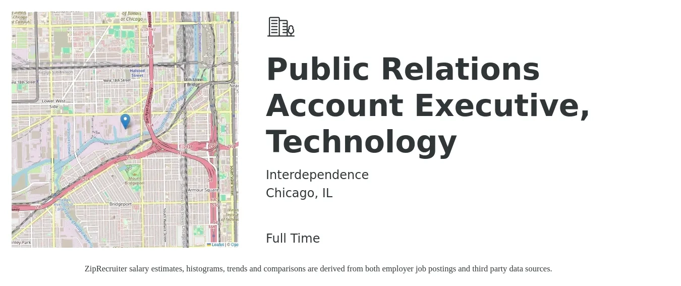Interdependence job posting for a Public Relations Account Executive, Technology in Chicago, IL with a salary of $60,300 to $84,500 Yearly with a map of Chicago location.