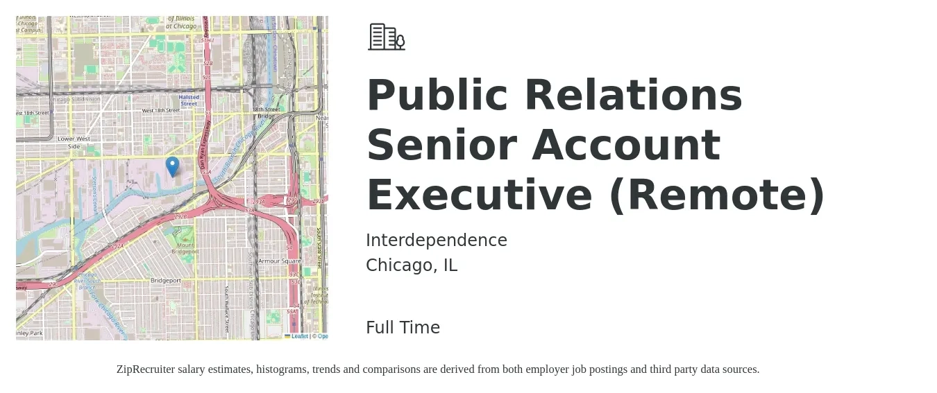 Interdependence job posting for a Public Relations Senior Account Executive (Remote) in Chicago, IL with a salary of $60,300 to $84,500 Yearly with a map of Chicago location.
