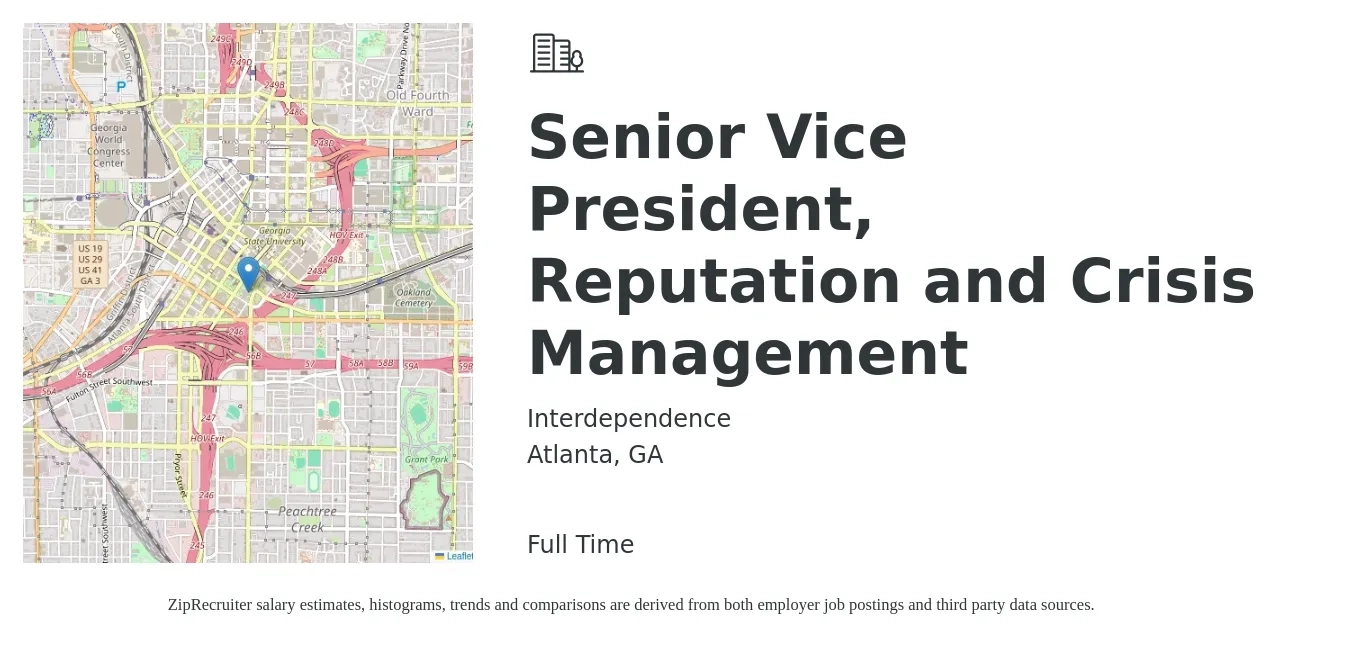Interdependence job posting for a Senior Vice President, Reputation and Crisis Management in Atlanta, GA with a salary of $110,600 to $182,700 Yearly with a map of Atlanta location.