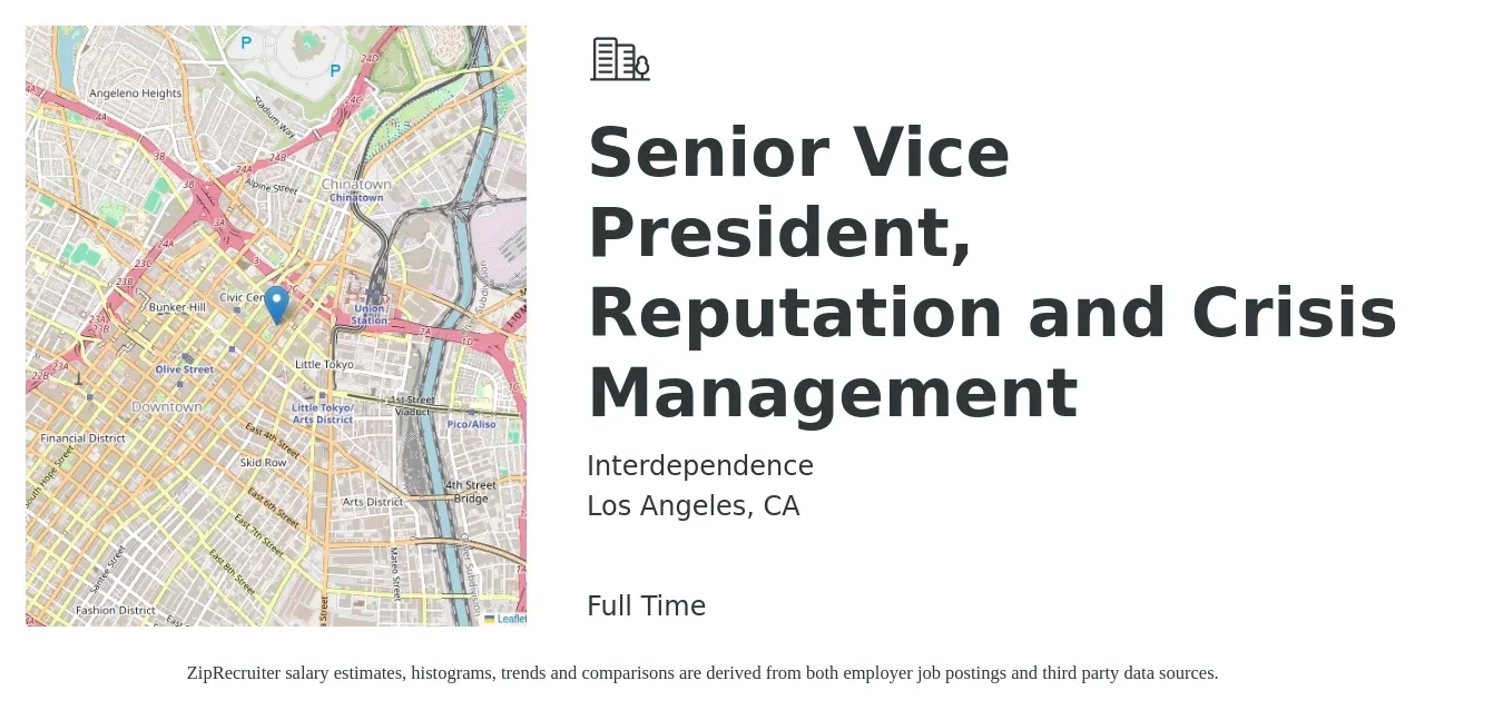 Interdependence job posting for a Senior Vice President, Reputation and Crisis Management in Los Angeles, CA with a salary of $123,900 to $204,700 Yearly with a map of Los Angeles location.