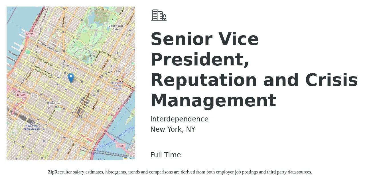 Interdependence job posting for a Senior Vice President, Reputation and Crisis Management in New York, NY with a salary of $126,600 to $209,200 Yearly with a map of New York location.